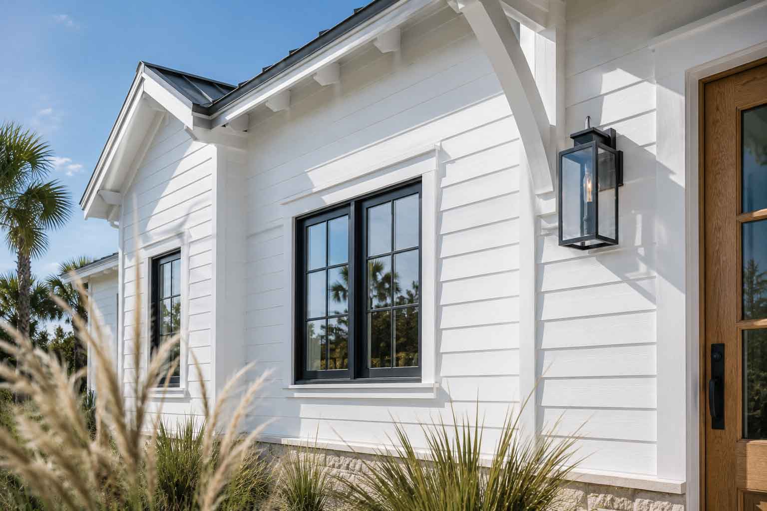 White board and batten coastal home with black trim