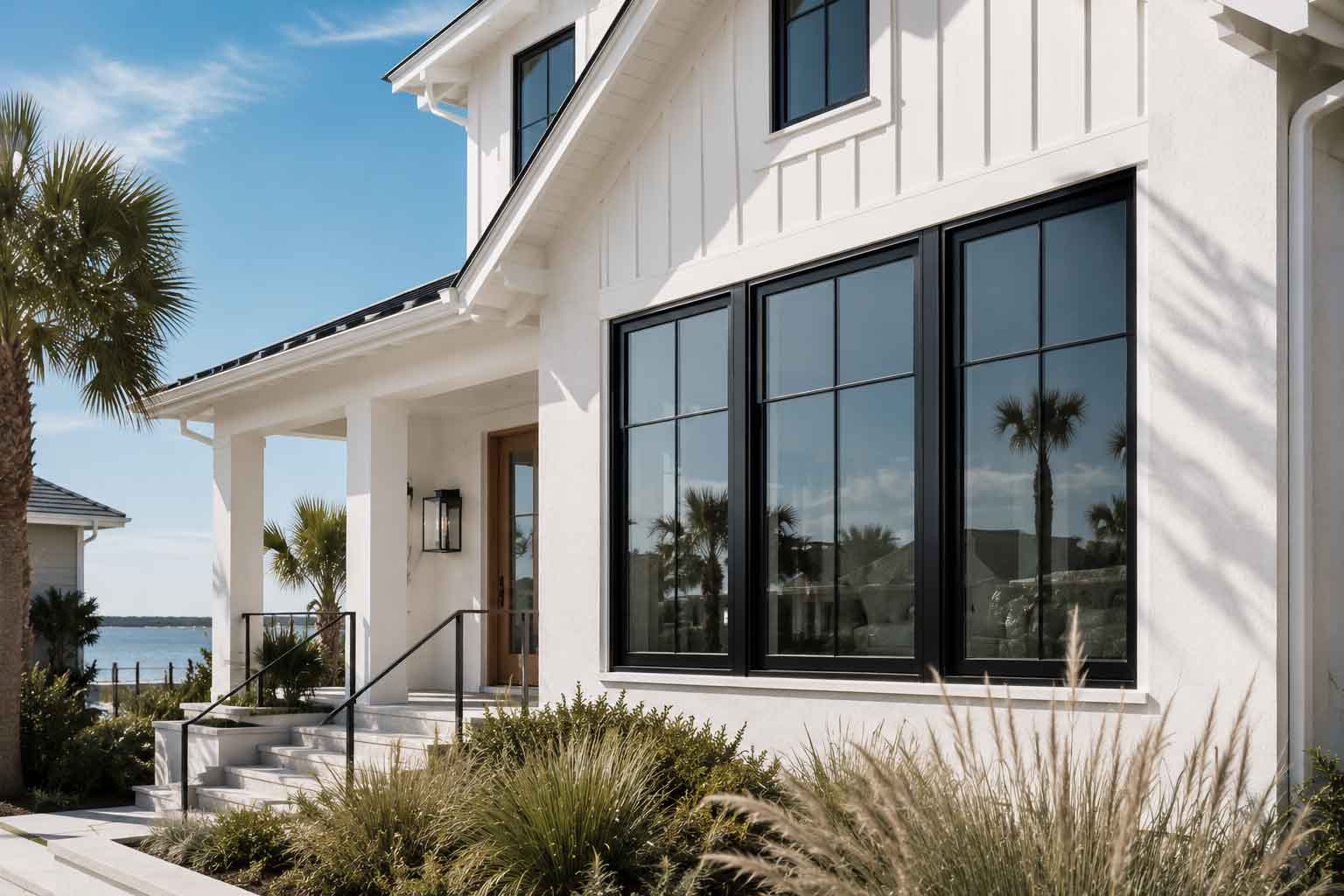 Black-framed impact replacement windows on a coastal home