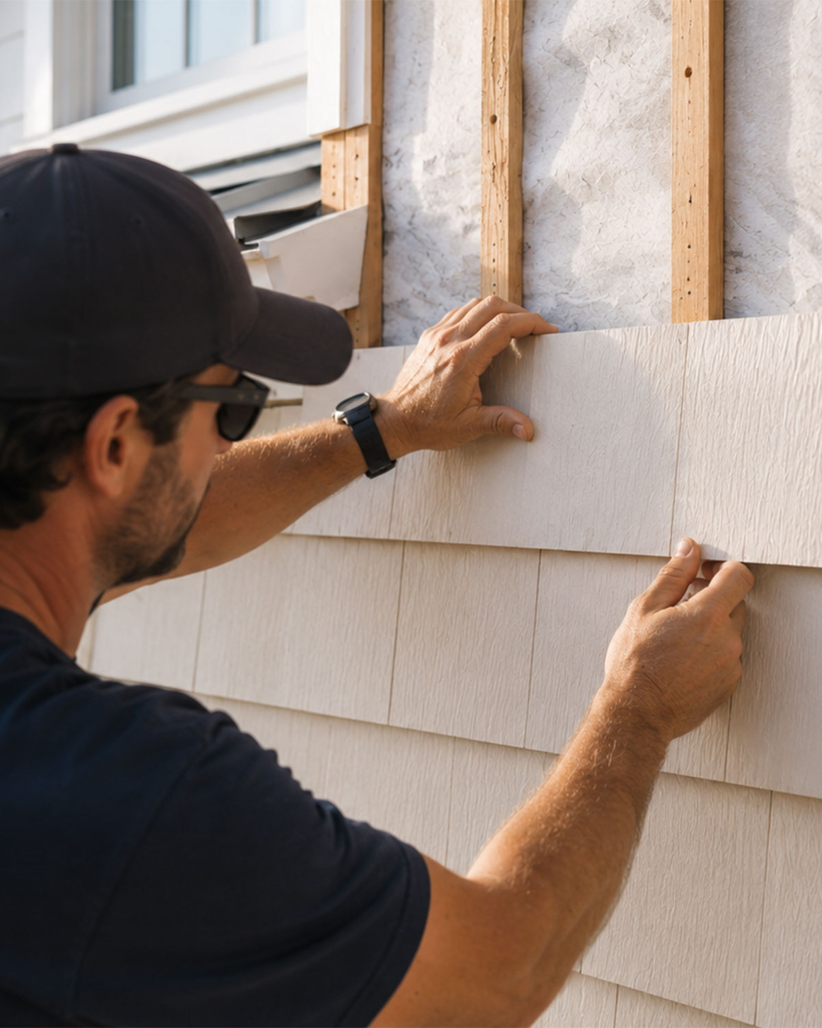 Close-up of exterior trim and siding craftsmanship detail
